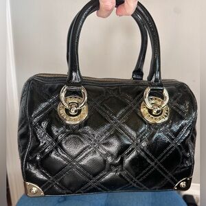 MetroCity Patent Black Quilted Gold Studded Boston Bag with Charm
